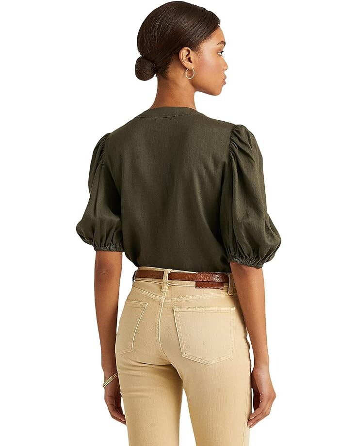 

Блуза LAUREN Ralph Lauren Linen Puff-Sleeve Blouse, цвет Dark Tropical Olive