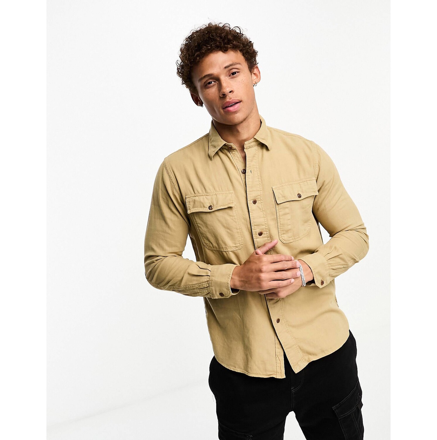 

Рубашка Polo Ralph Lauren из твила классического кроя оверсайз с 2 карманами цвета хаки бежевого цвета