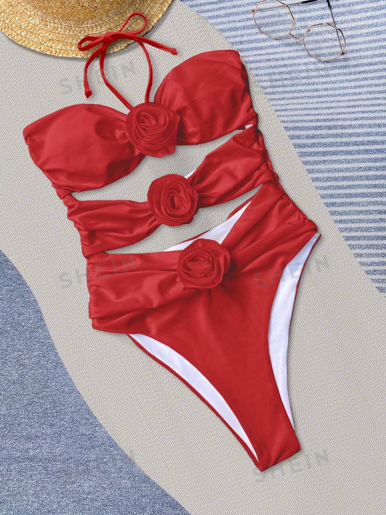 Bikinx сплошной цвет сексуальный ажурный купальник монокини с 3d цветочными деталями и вырезом на шее для женщин, красный
