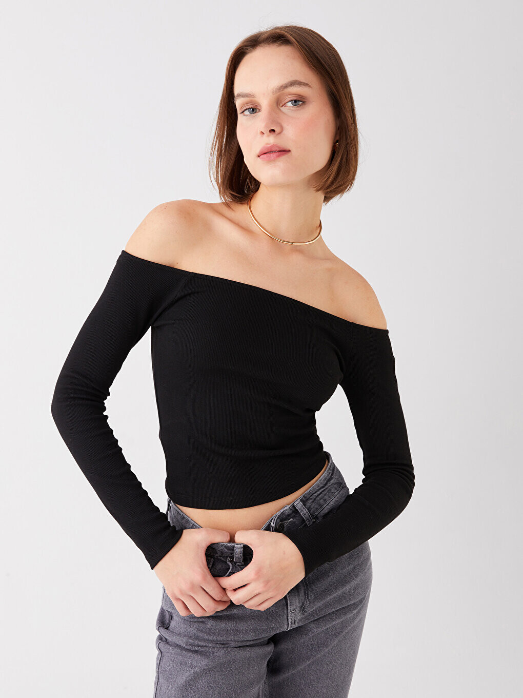 

Простая женская футболка с вырезом лодочкой и длинными рукавами LCW Casual, новый черный