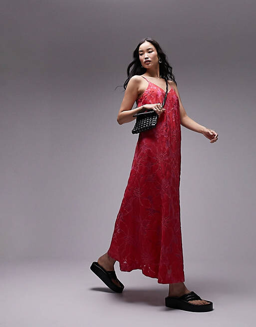 

Красное и розовое кружевное платье макси Topshop, Красный