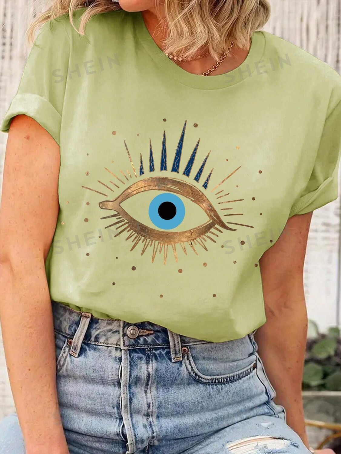 

SHEIN Essnce Женская футболка с круглым вырезом и короткими рукавами с принтом Солнца и Луны, лаймово-зеленый