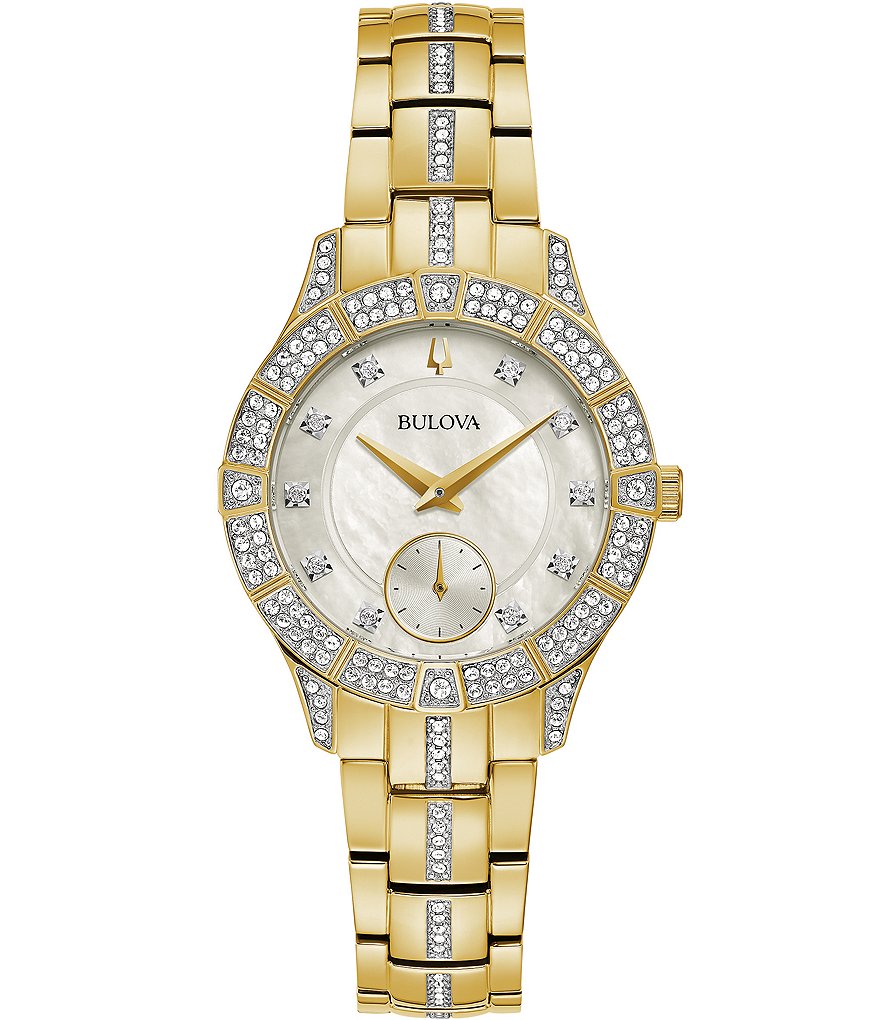 Bulova Женские кварцевые аналоговые золотые часы с браслетом из нержавеющей стали Phantom Crystal, золотой