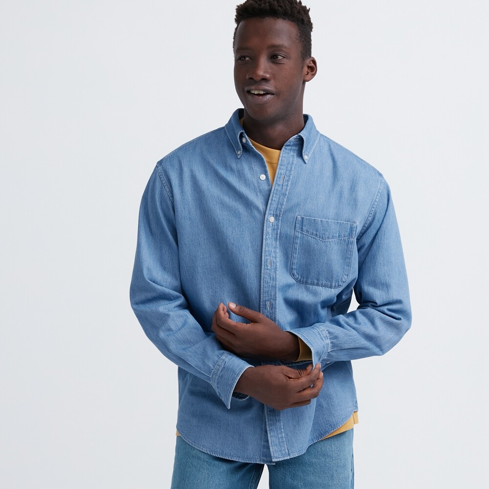 

Предпродажа мужская и женская джинсовая рубашка Uniqlo, повседневная рабочая рубашка, стираная куртка