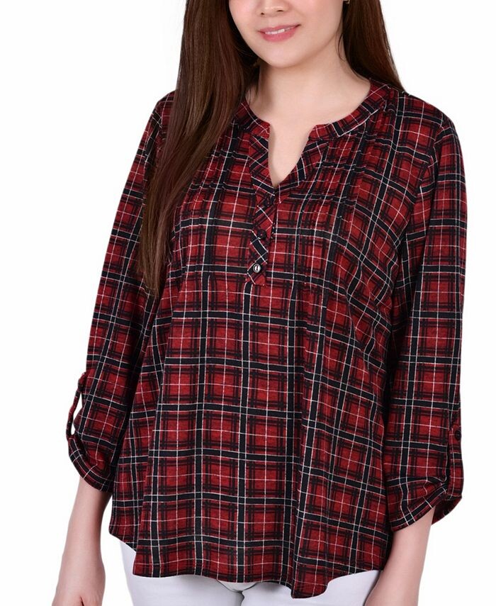 

Клетчатый топ с защипами и защипами на хлястике Petite 3/4 NY Collection, мультиколор