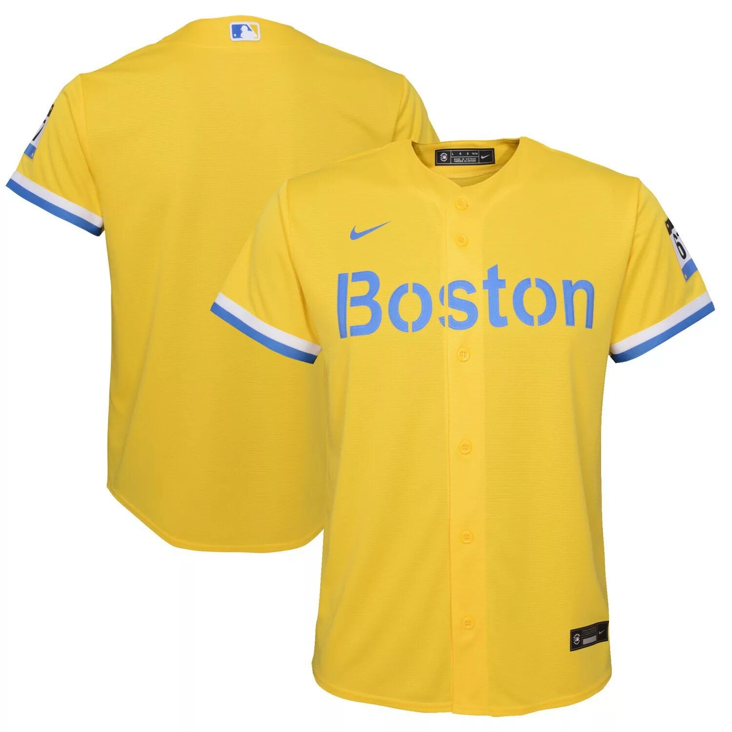 

Молодежная футболка Nike Gold/Light Blue Boston Red Sox 2021 City Connect Replica Team Nike