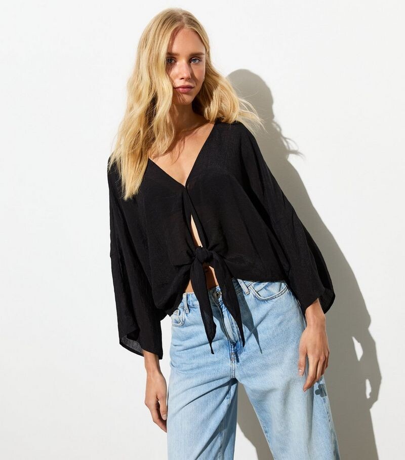 

Черный текстурированный топ с завязкой спереди New Look, черный
