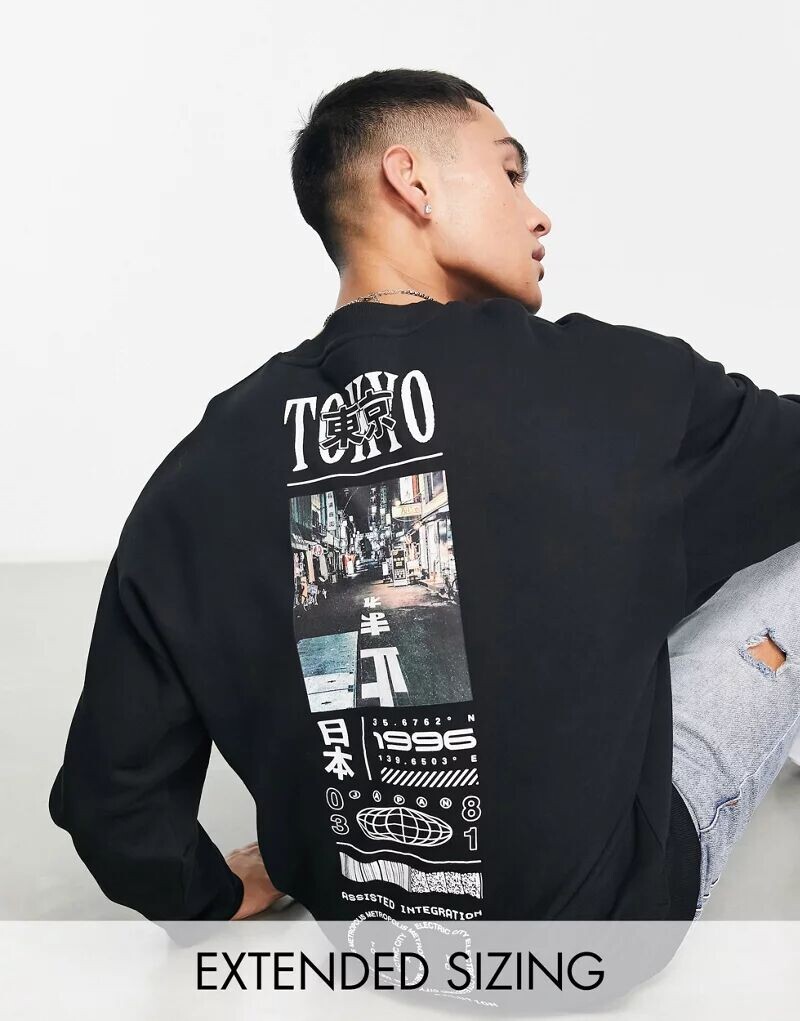 

Черная толстовка оверсайз с фотопринтом на спине и спереди ASOS