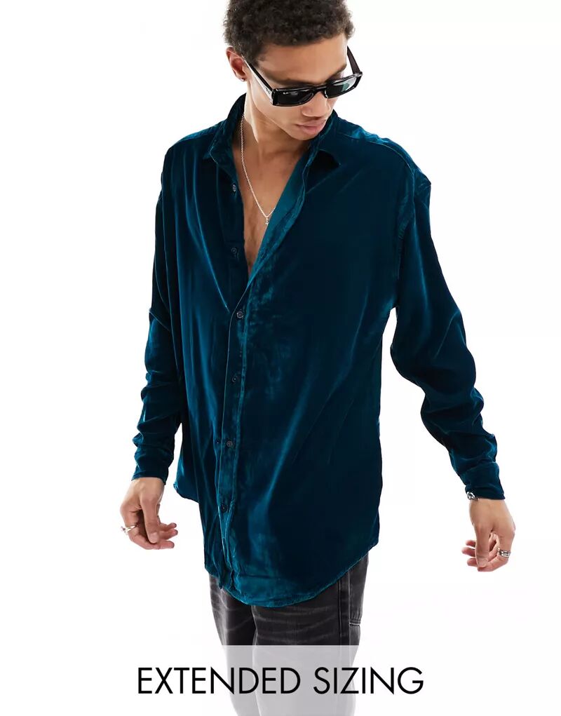 Бирюзовая бархатная рубашка оверсайз в стиле 90-х ASOS