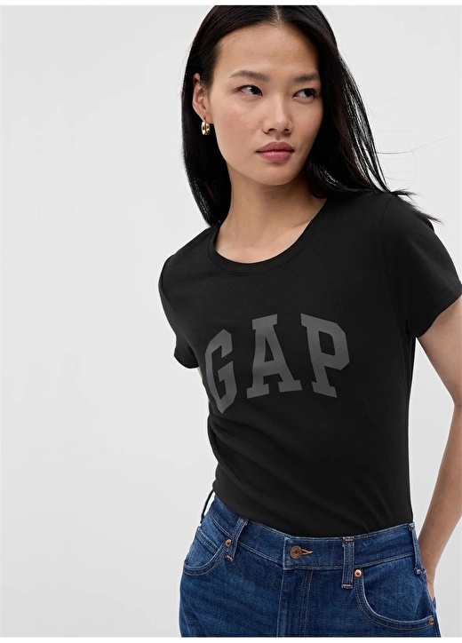 Черная женская футболка с круглым вырезом с принтом Gap
