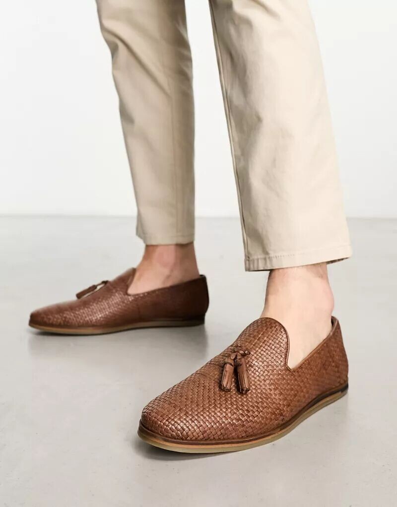 

Коричневые кожаные плетеные лоферы Walk London Arrow Penny