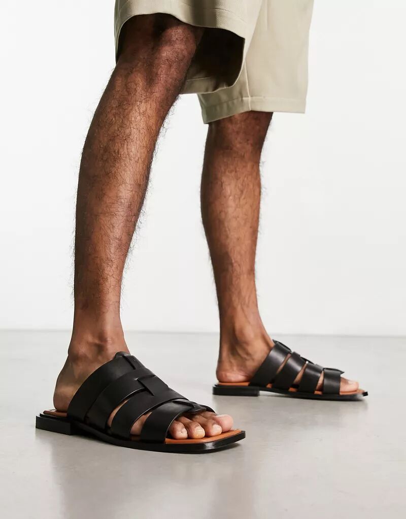 Пряно-черные кожаные сандалии на плоской подошве ASRA Sani