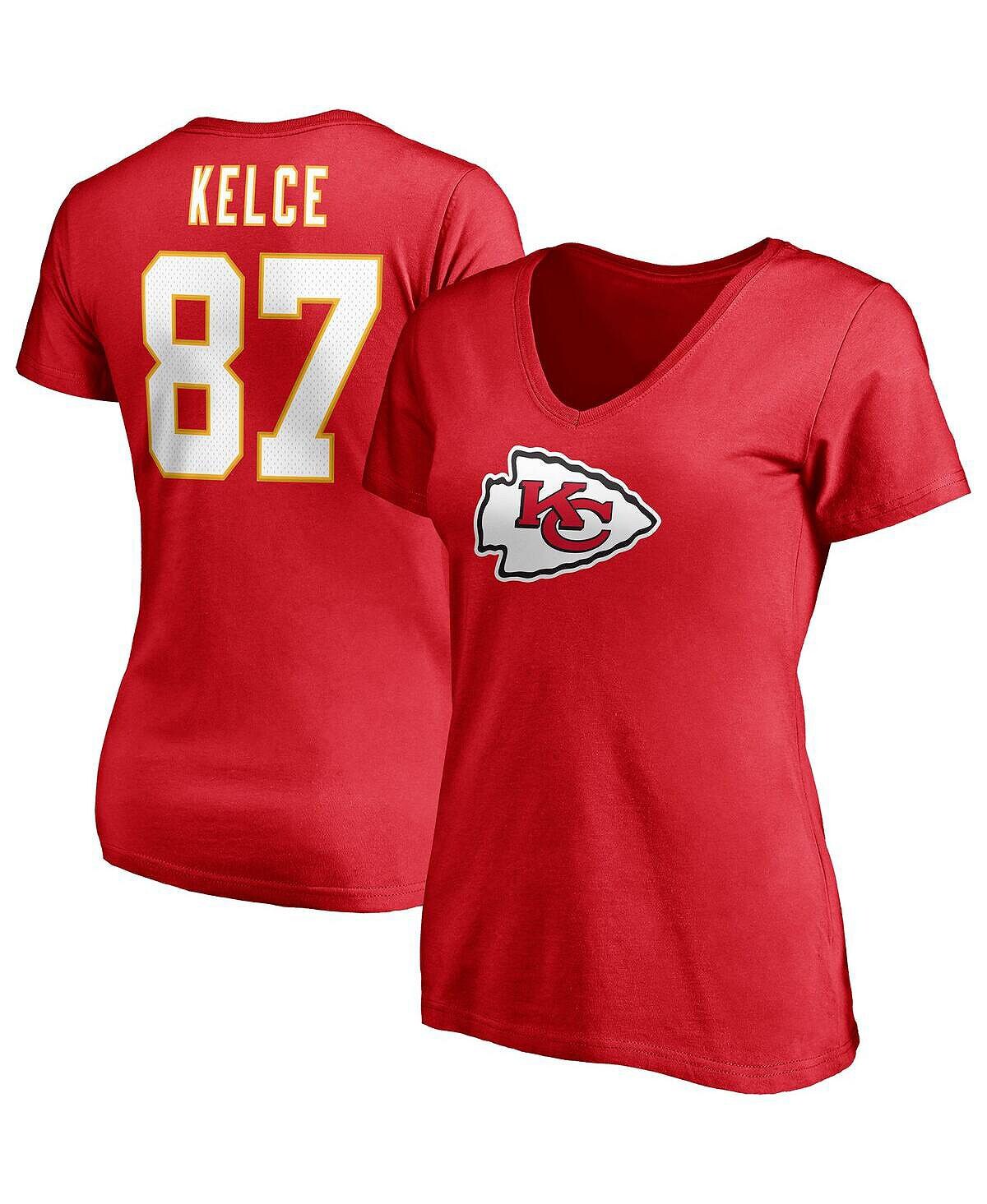

Женская красная футболка с логотипом Travis Kelce и символом игрока Kansas City Chiefs с именем и номером и v-образным вырезом Fanatics, красный