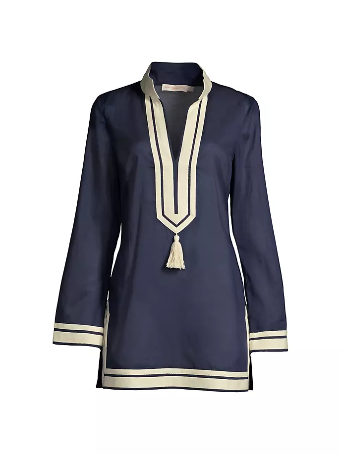 

Туника из хлопковой вуали с кисточками Tory Burch, цвет tory navy