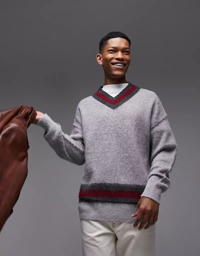 

Темно-серый джемпер для крикета Topman с V-образным вырезом