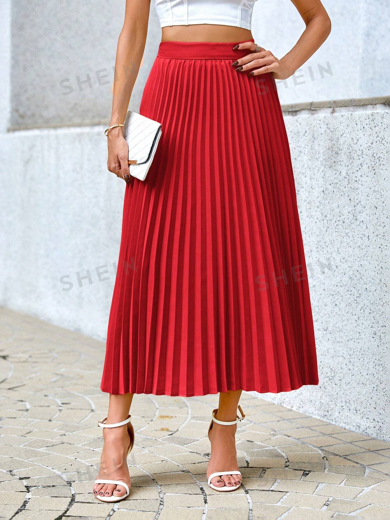 SHEIN Privé однотонная повседневная плиссированная юбка, красный женская шифоновая плиссированная юбка элегантная однотонная трапециевидная юбка с высокой талией повседневная длинная винтажная юбка
