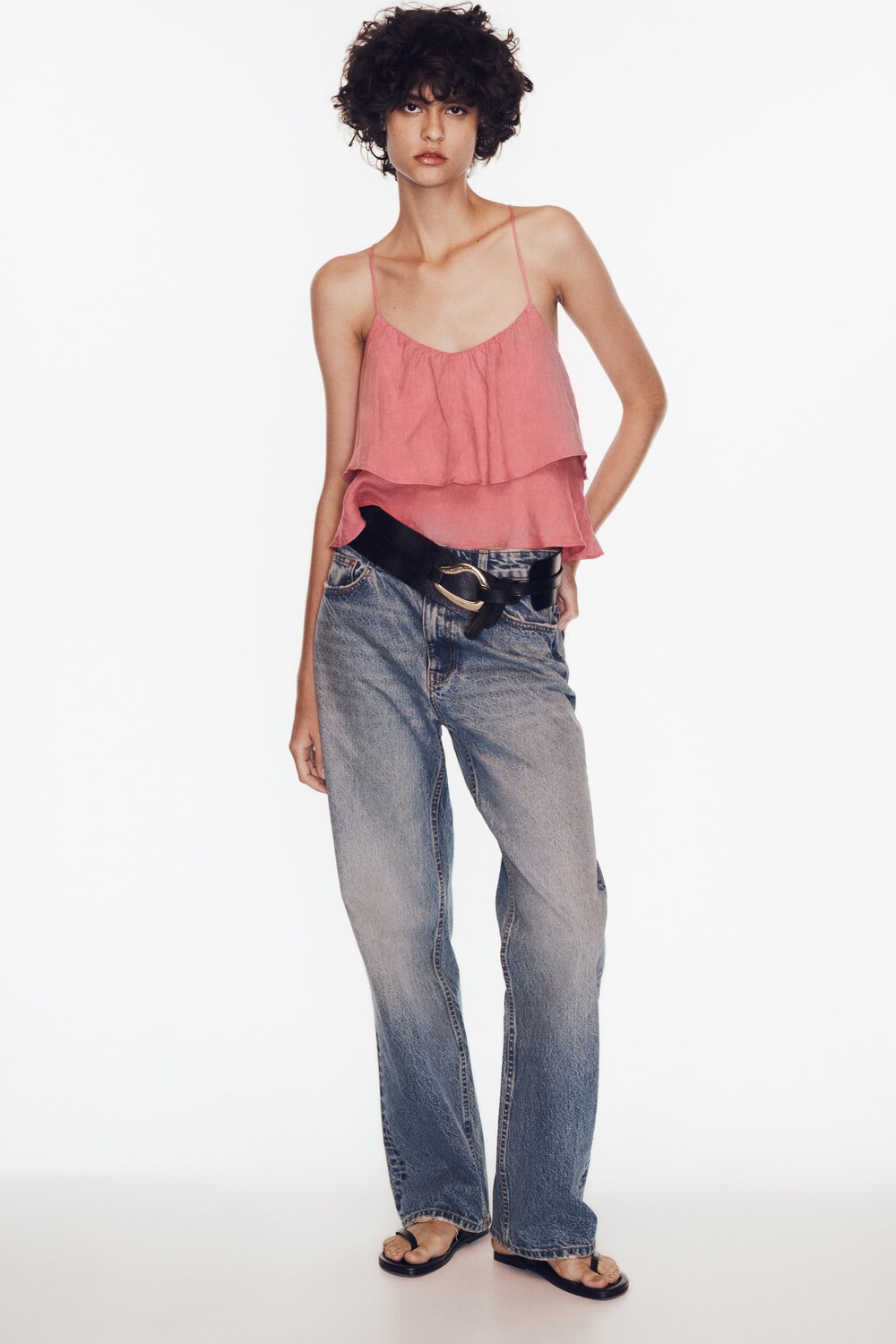 

Льняной топ с оборками Zara, темно-розовый