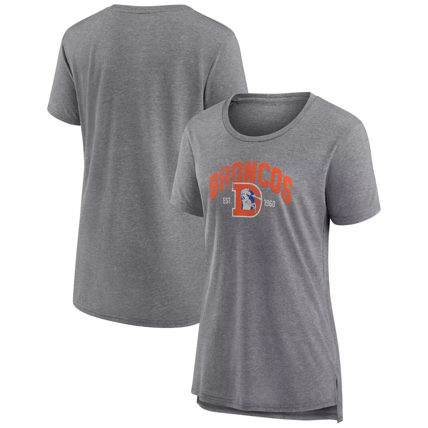 

Женская футболка Fanatics с логотипом Heather Grey Denver Broncos с открытой спиной, современная трехцветная футболка Fanatics