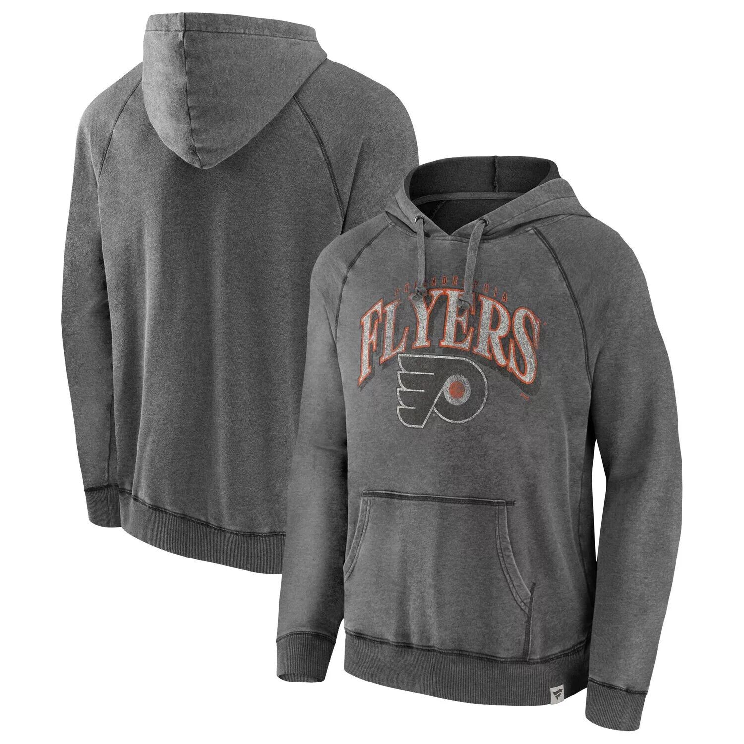

Мужской серый пуловер с капюшоном Fanatics с логотипом Philadelphia Flyers Heritage Broken Ice Washed реглан