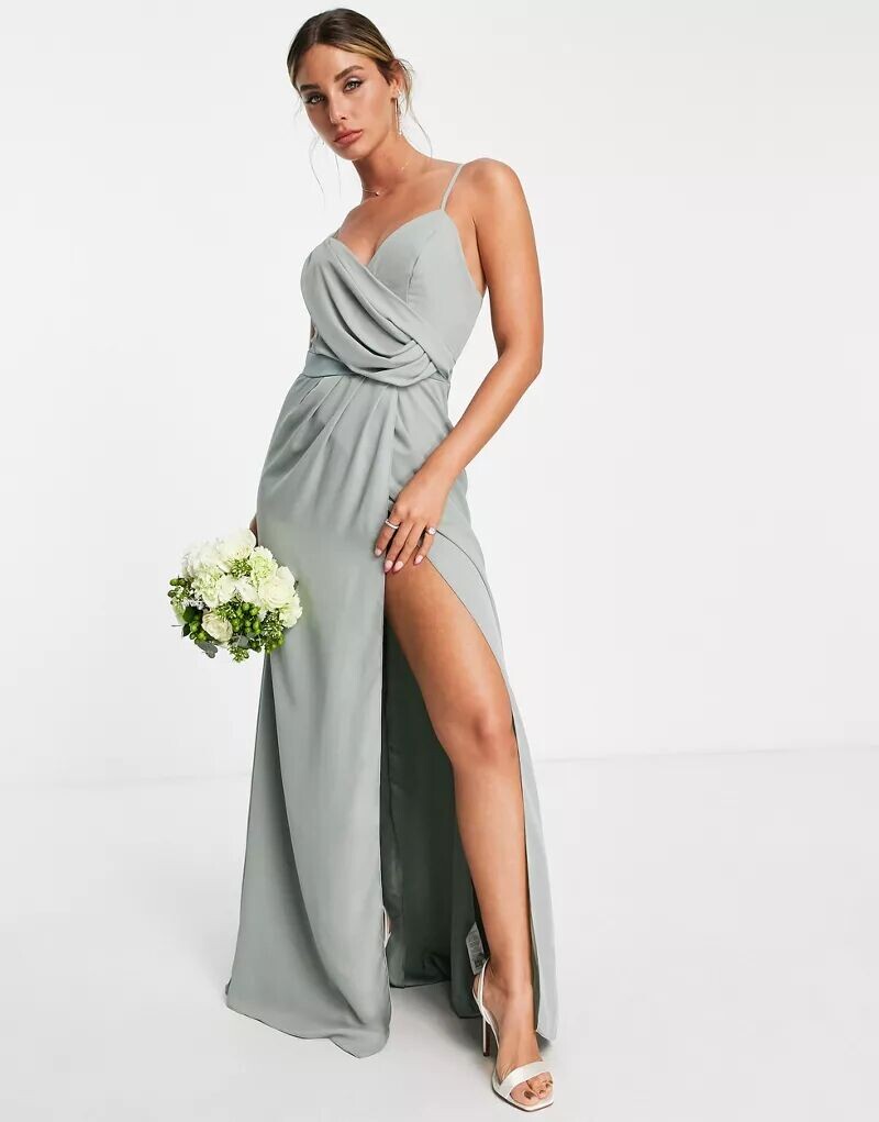 

Оливковое платье макси с драпировкой и запахом на талии ASOS Bridesmaid