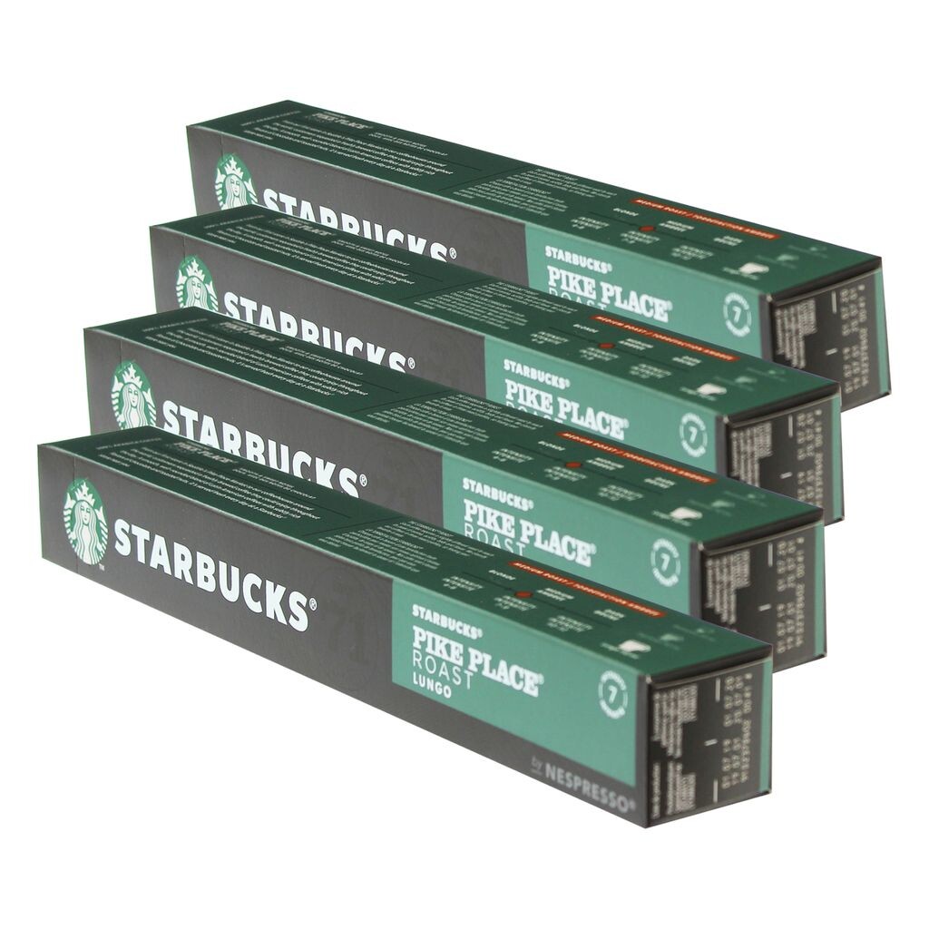 

Starbucks Pike Place Roast Coffee, набор из 4 шт., лунго, средней обжарки, обжаренный кофе, совместимость с Nespresso, кофейные капсулы, 40 капсул Nestlé