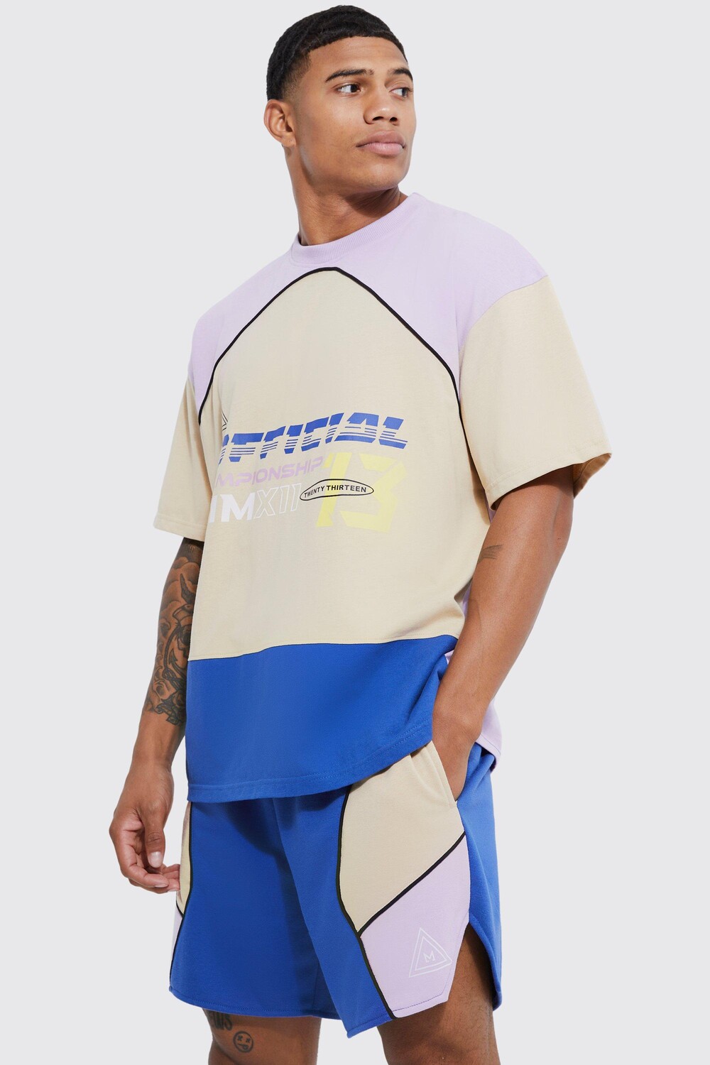 

Футболка и короткий комплект оверсайз color block Boohoo, кобальтовый