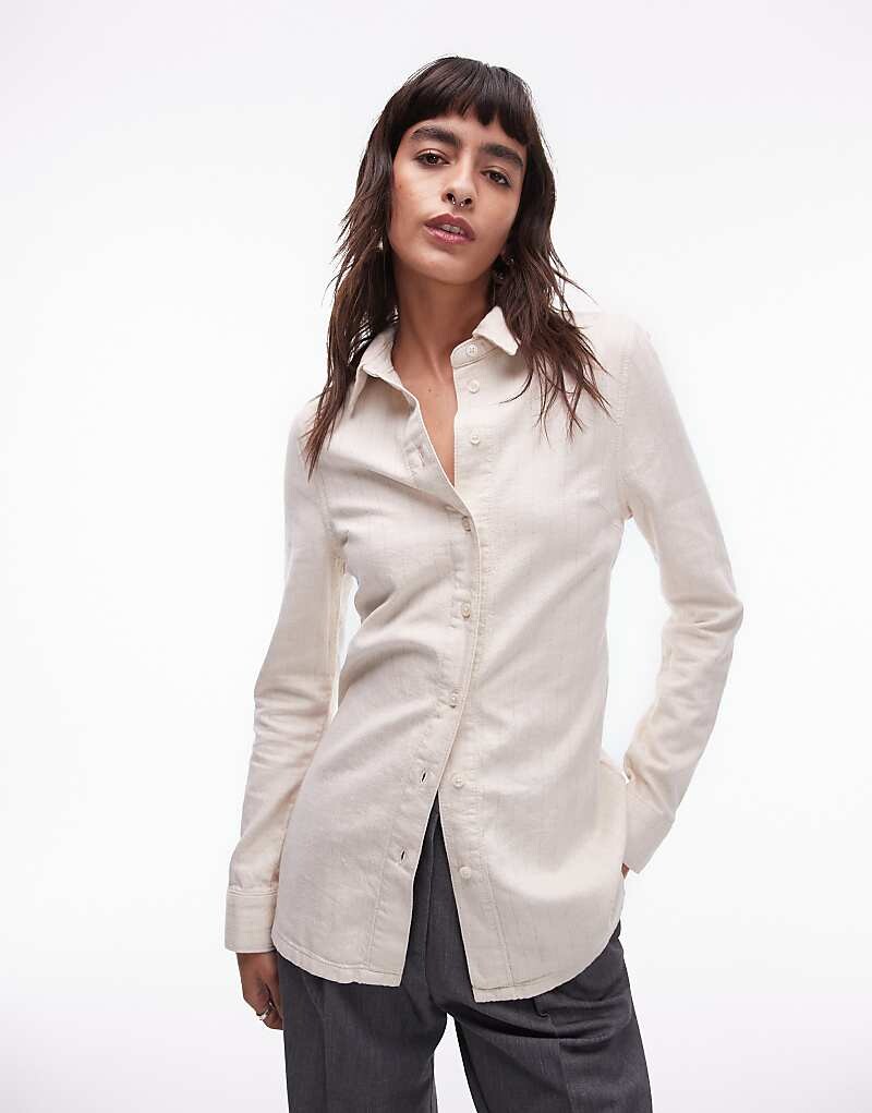 

Topshop – Облегающая джинсовая рубашка в полоску цвета экрю