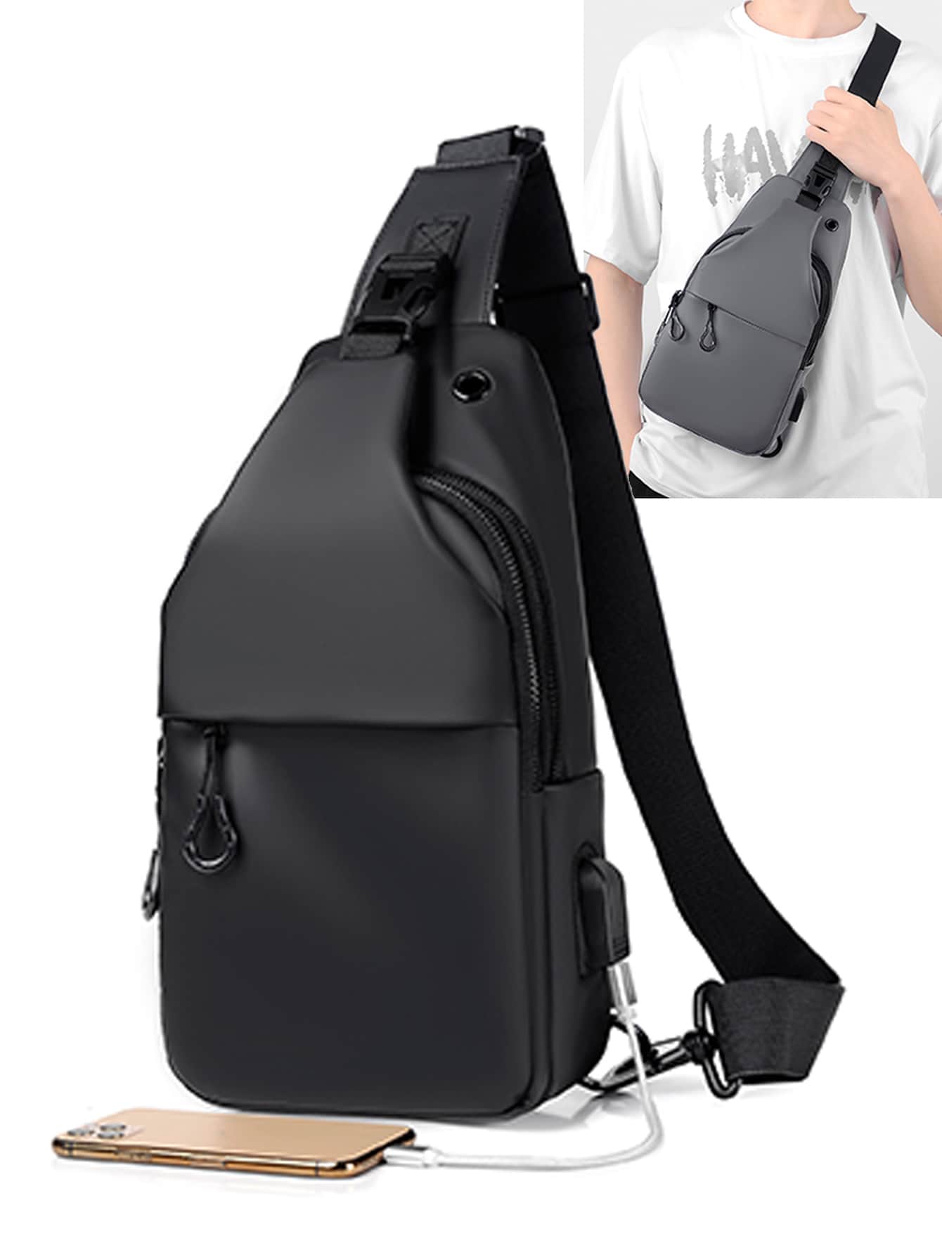 Мужская сумка через плечо на груди, рюкзак на слинге с USB-портом, черный