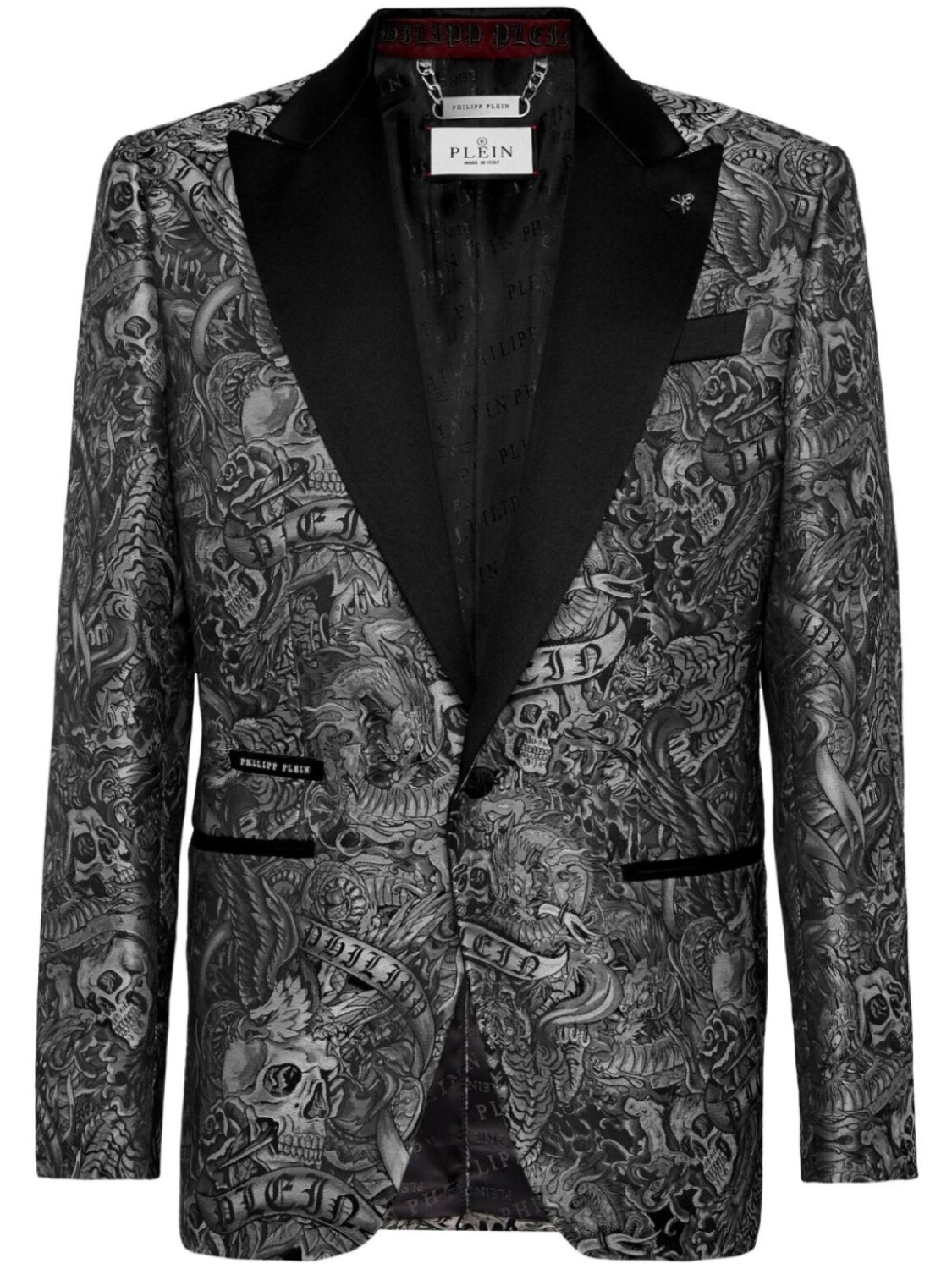 

Philipp Plein однобортный пиджак с принтом Lord Tattoo, серебряный