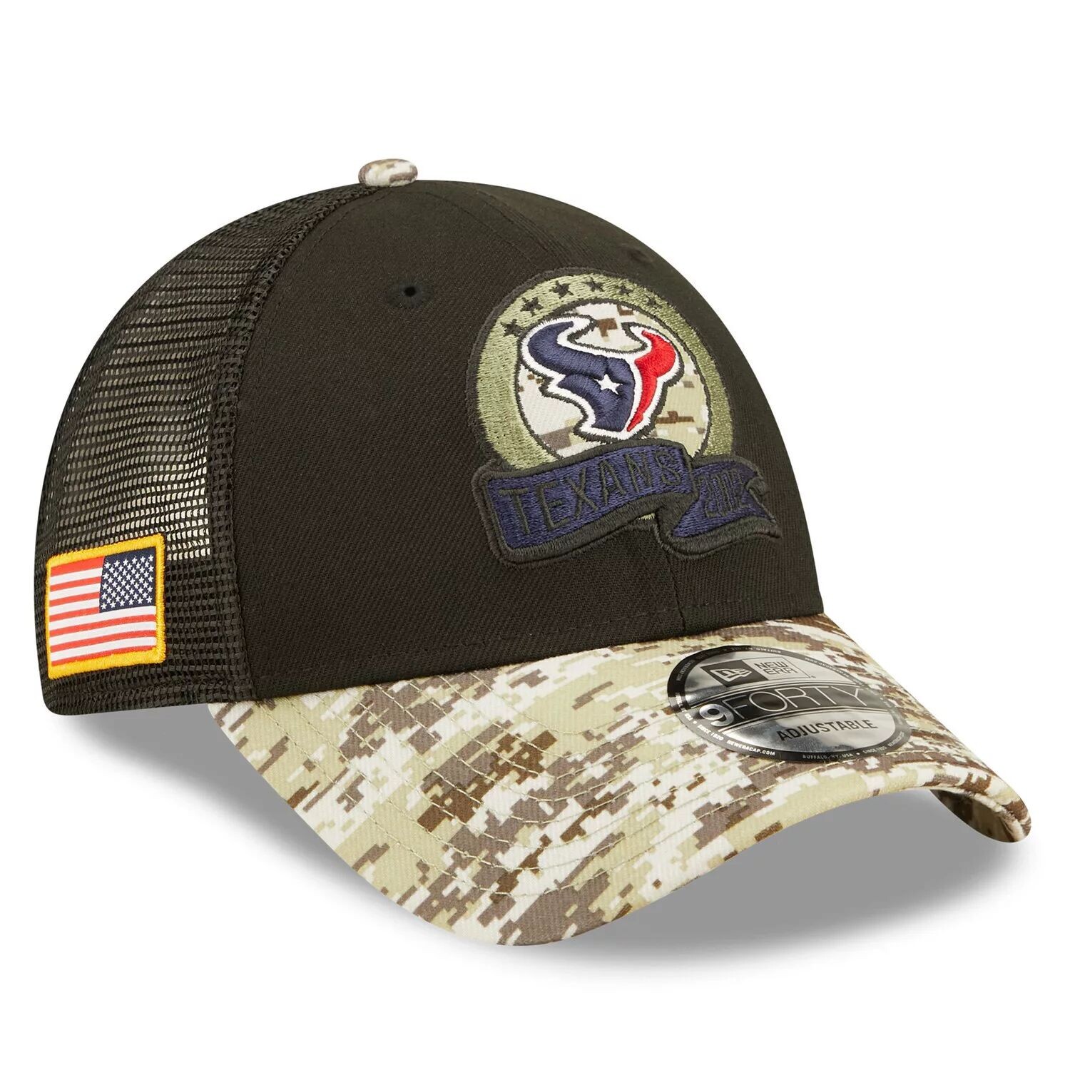 

Мужская кепка New Era Black/Camo Houston Texans 2022 Salute To Service 9FORTY Snapback Trucker Hat