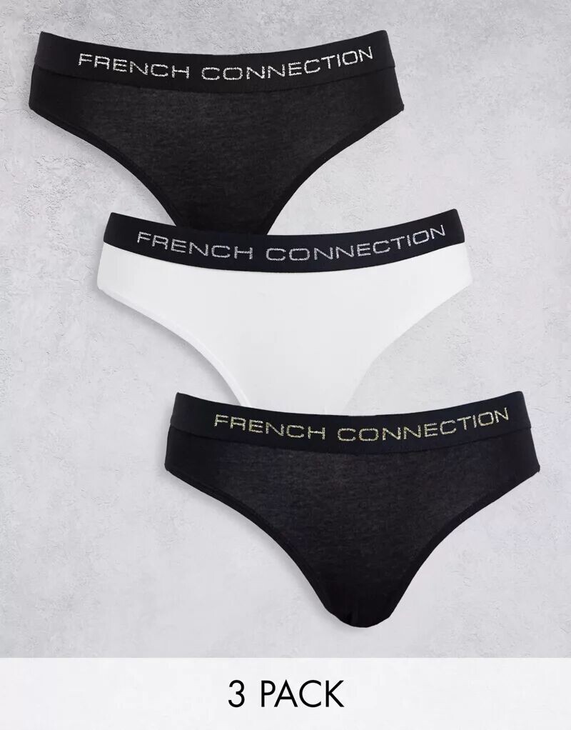 

Комплект из трех трусов French Connection черного и белого цвета с золотисто-серебряным логотипом на поясе (входит в комплект)