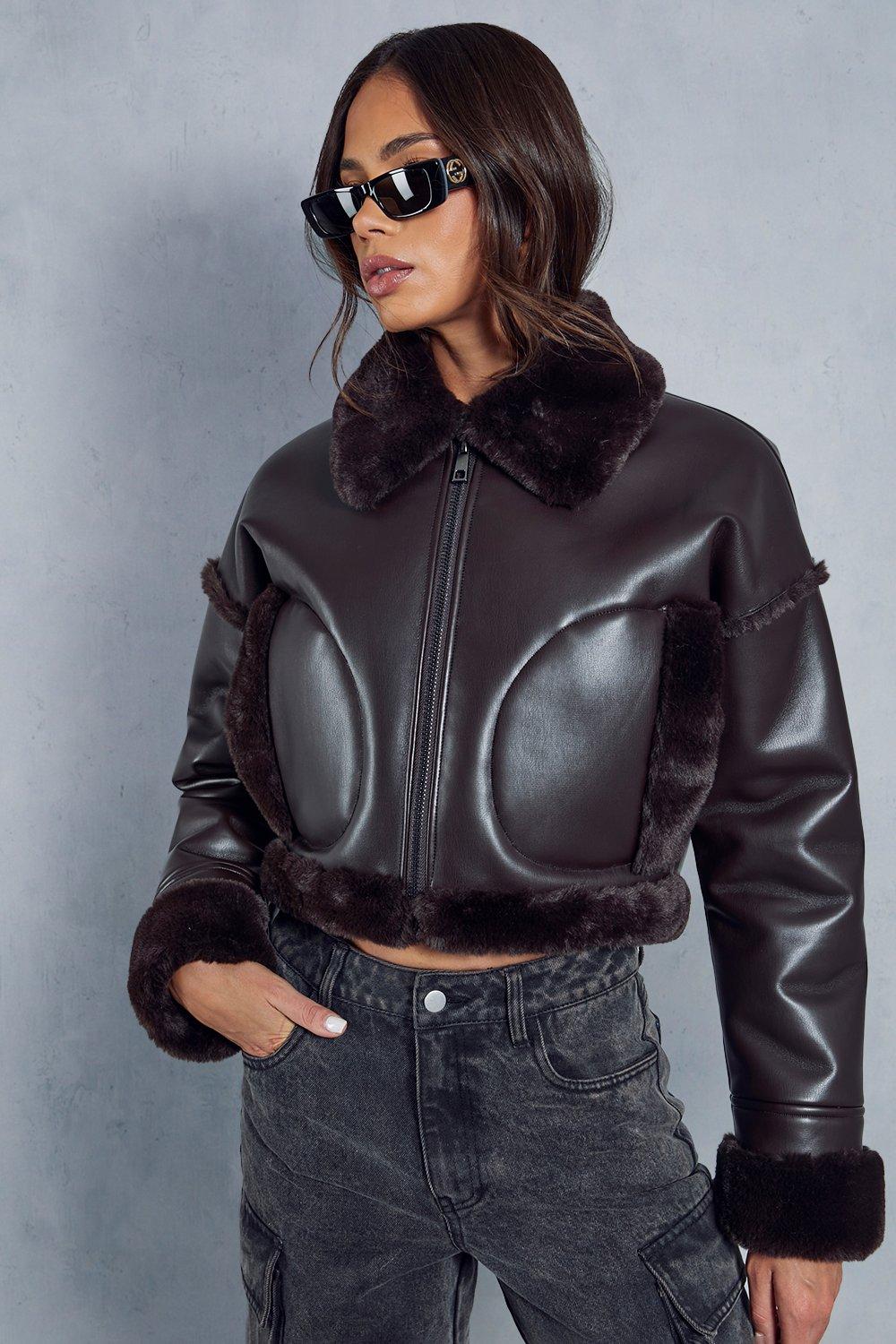 Укороченное пальто-авиатор премиум-класса с меховой подкладкой и имитацией кожи MISSPAP, коричневый женская кожаная куртка средней длины с меховым воротником