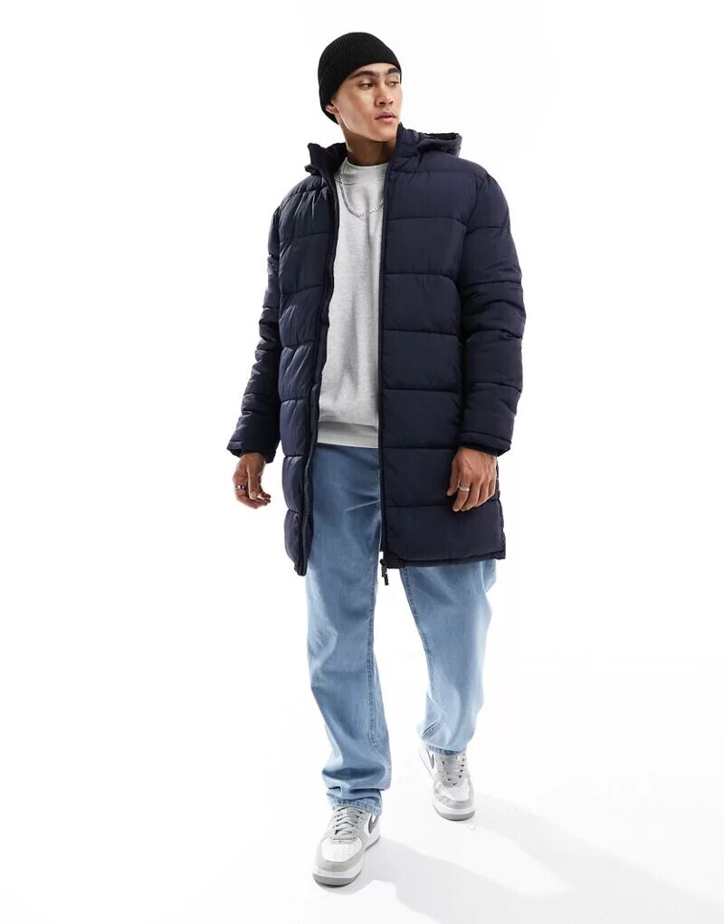 

Темно-синяя удлиненная стеганая куртка с капюшоном Selected Homme, Черный