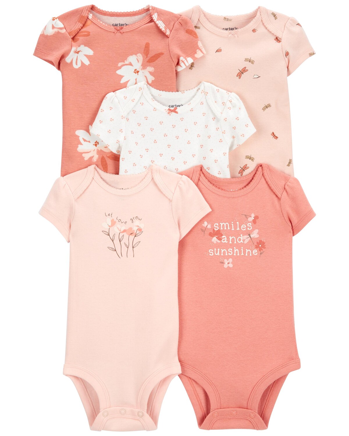 

Комплект из 5 оригинальных боди с короткими рукавами для малышей Carter's, розовый/белый