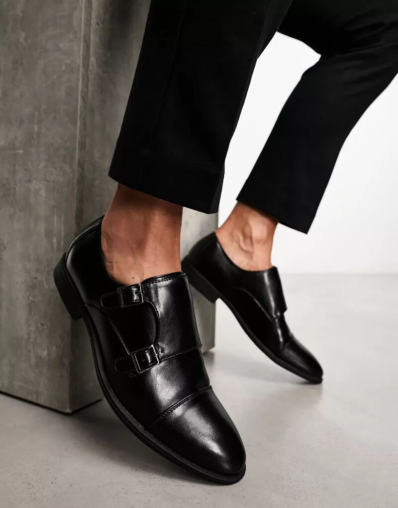 Черные кожаные туфли монки с тиснением ASOS