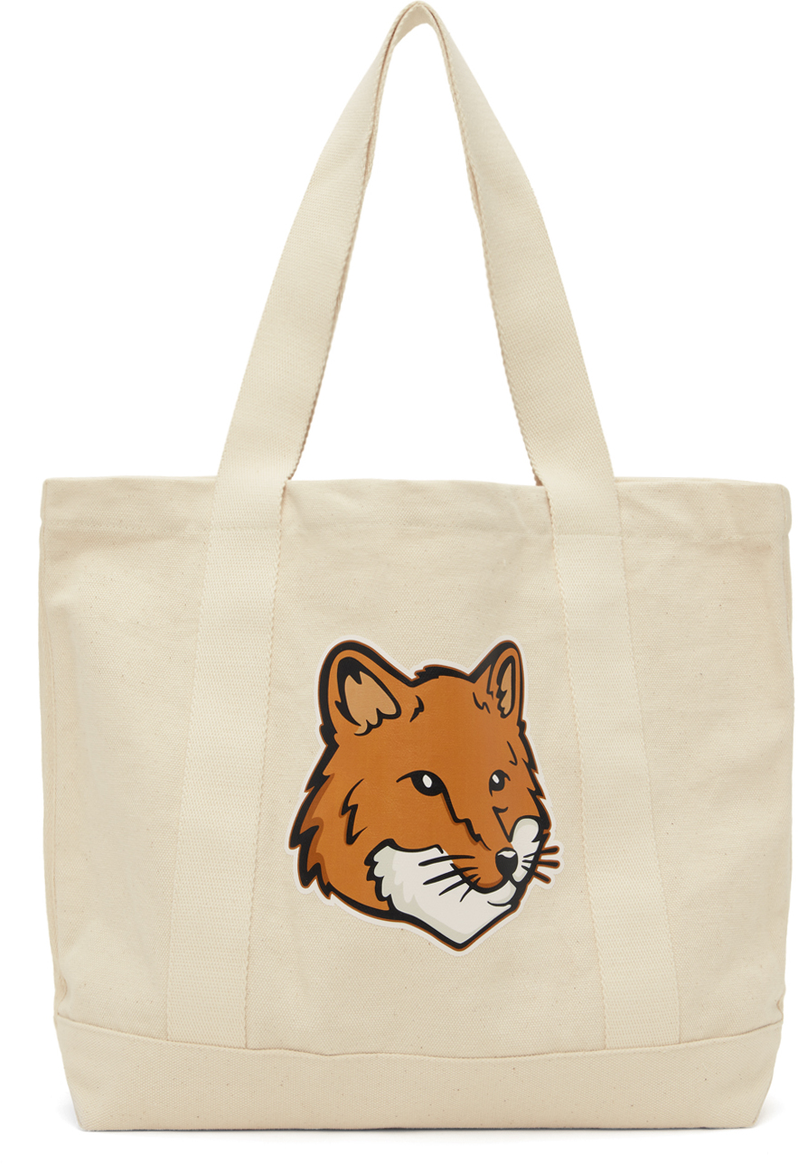 Кремового цвета сумка-тоут с головой лисы Maison Kitsune, цвет Ecru