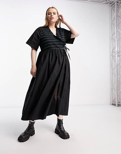 

Черное хлопковое свободное платье миди с запахом и запахом ASOS DESIGN Curve
