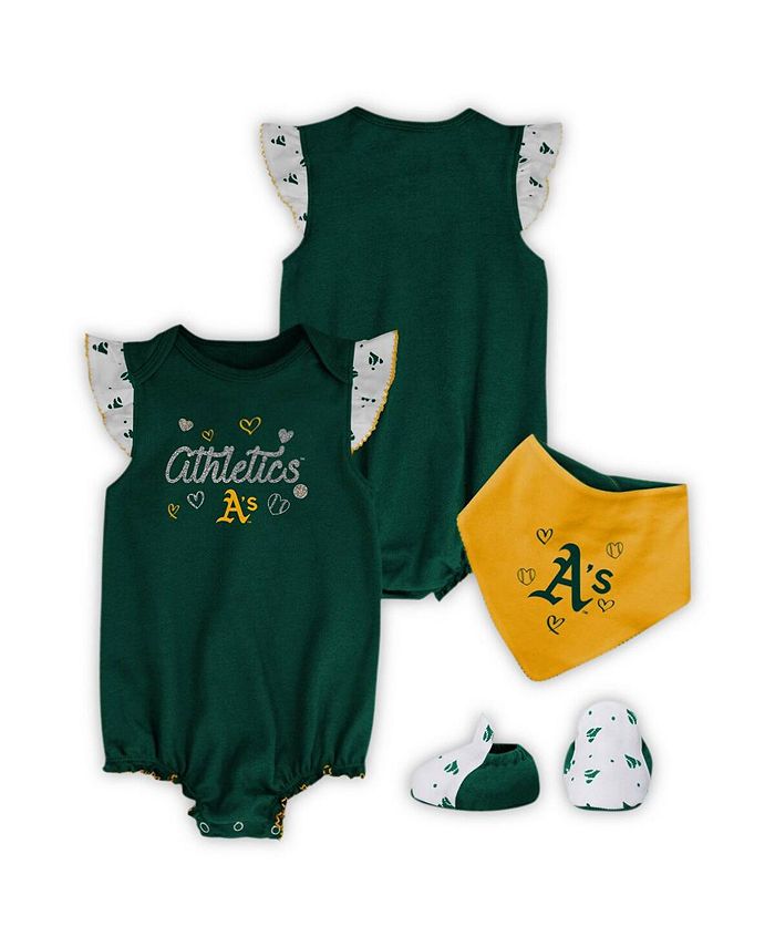Комплект из 3 предметов для новорожденных Green Oakland Athletics, домашний комбинезон, нагрудник и пинетки Outerstuff, зеленый