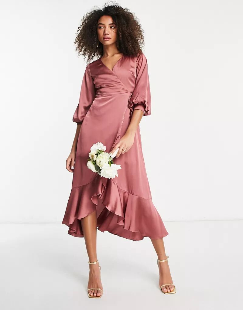 Ликероватое нежно-розовое атласное платье миди с запахом и пышными рукавами Liquorish мате rosamonte suave zipper 500 г