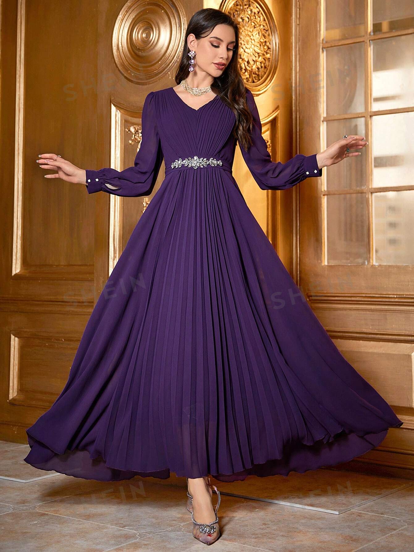 Женское плиссированное свободное платье, украшенное стразами, фиолетовый элегантное кружевное платье с аппликацией свадебные платья с длинным рукавом пляжное платье трапеция в стиле бохо с v образным вырезом тю