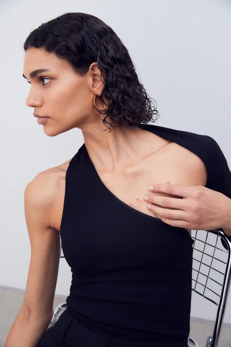 Асимметричное боди-стринги H&M, черный боди женское эластичное с длинным рукавом с открытой спиной