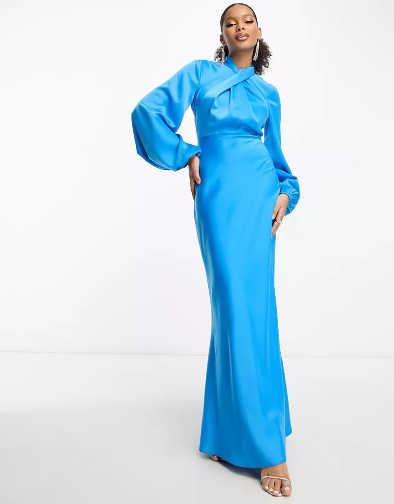 цена Атласное платье макси с объемными рукавами ASOS бирюзового цвета