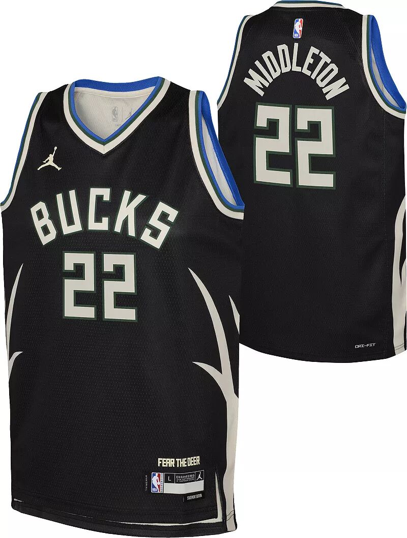 

Jordan Черная майка Nike Youth Milwaukee Bucks Khris Middleton # 22 Dri-FIT Swingman