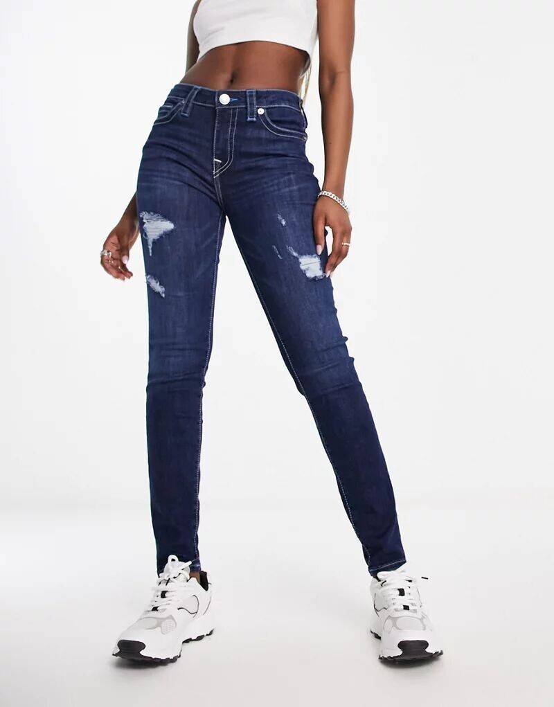 

Темные потертые джинсы скинни со средней посадкой True Religion Halle