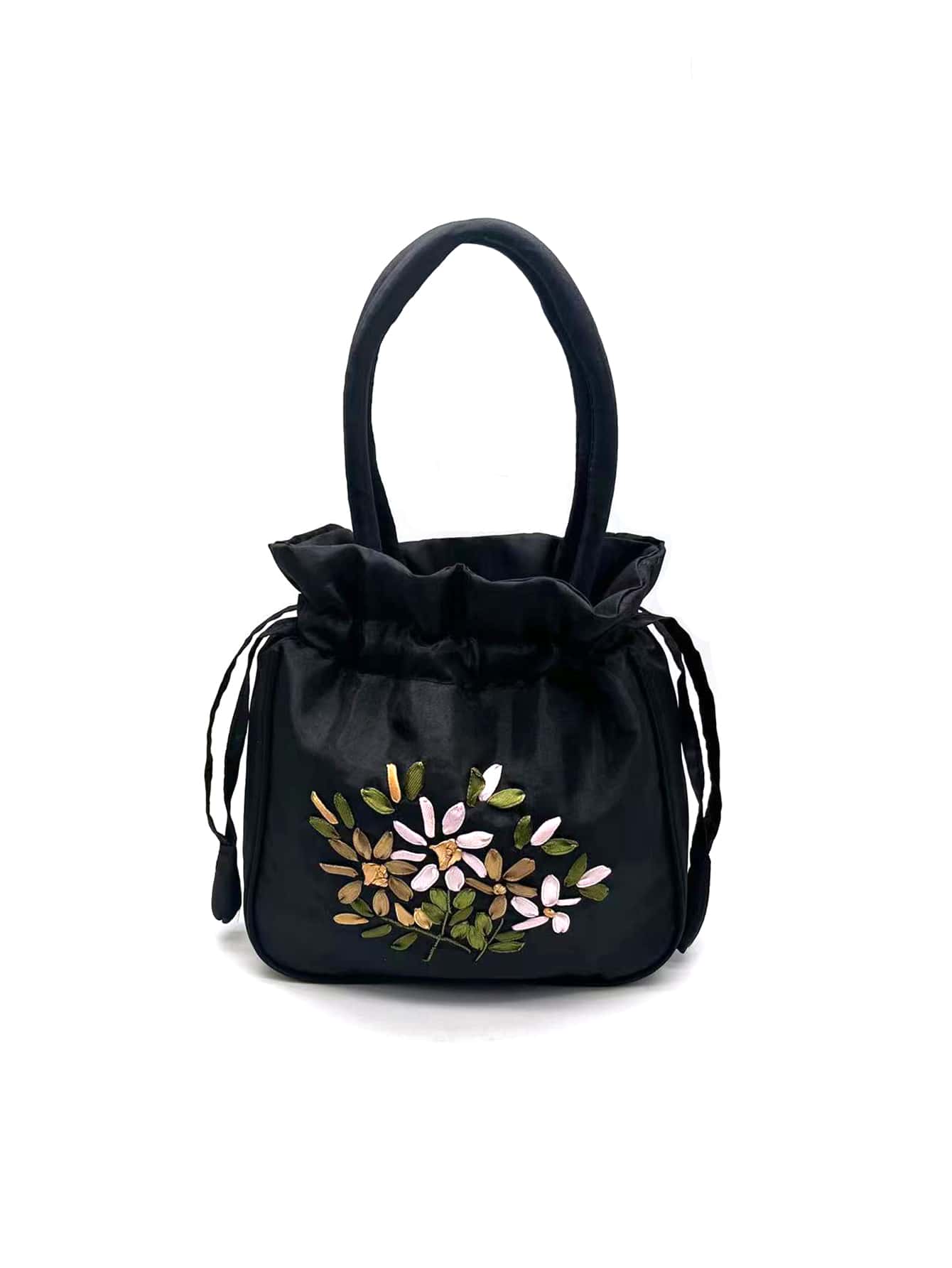 Мини-элегантная сумка-ведро с цветочной вышивкой на шнурке, черный