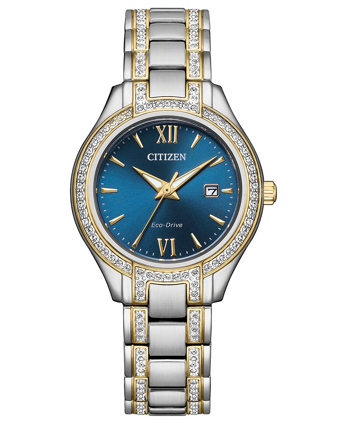 цена Eco-Drive Женские двухцветные часы с браслетом из нержавеющей стали с силуэтом и кристаллами, 30 мм Citizen