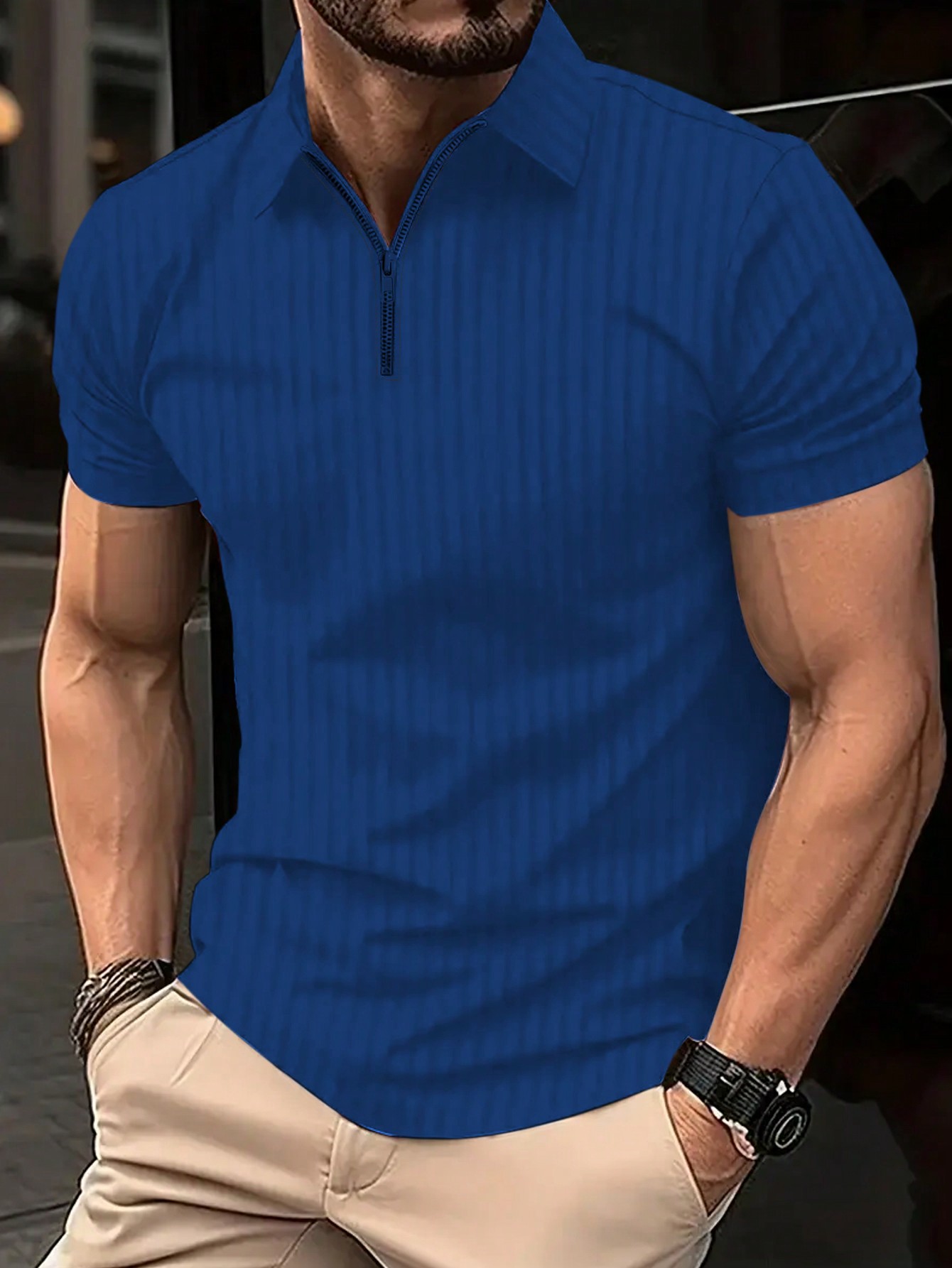 цена Мужская полосатая рубашка-поло с молнией до половины и короткими рукавами Manfinity Homme больших размеров, синий