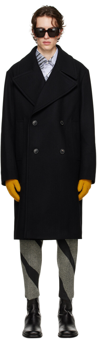 

Черное двубортное пальто Dries Van Noten, Черный