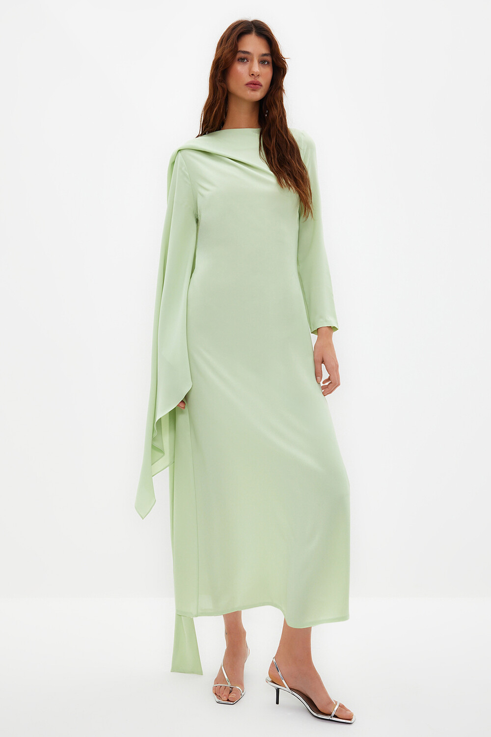 

Светло-зеленое вечернее платье с шалью Trendyol Modest, зеленый, Черный