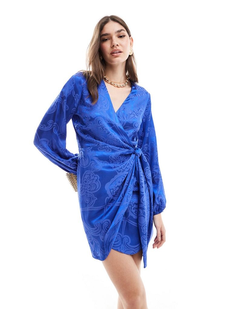 

Кобальтовое платье мини с атласным жаккардом и запахом Never Fully Dressed Vienna